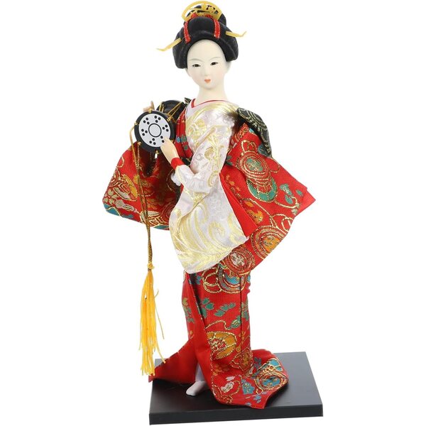 Set 2 Bambole Kimono Giapponesi in Tessuto e ABS per Decorazione Casa e Ristoranti