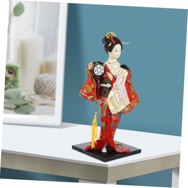 Set 2 Bambole Kimono Giapponesi in Tessuto e ABS per Decorazione Casa e Ristoranti