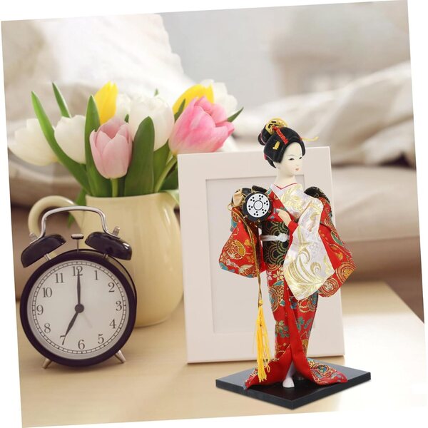 Set 2 Bambole Kimono Giapponesi in Tessuto e ABS per Decorazione Casa e Ristoranti