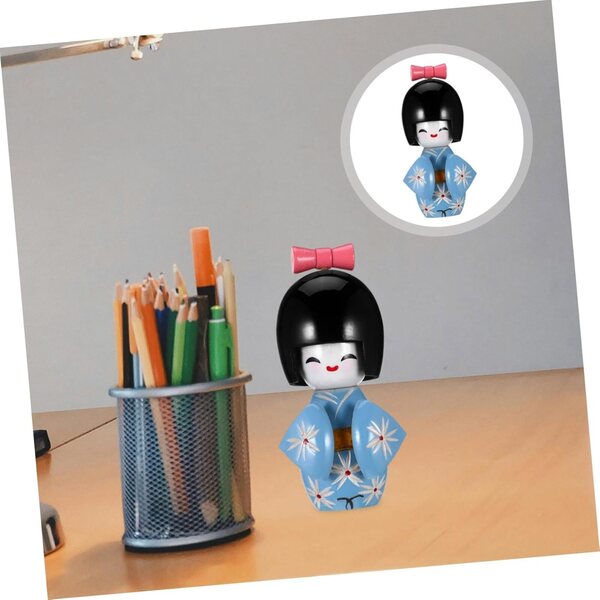 bambole Kimono in Legno Blu Cielo Decorazione Giapponese Elegante 9x4x3,5 cm