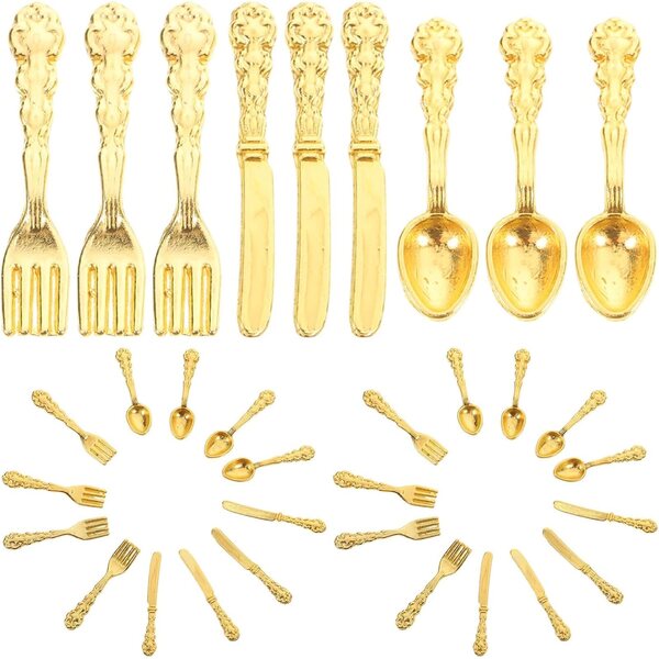 Set 36 Mini Stoviglie Dorate in Lega per Casa delle Bambole e Modellismo