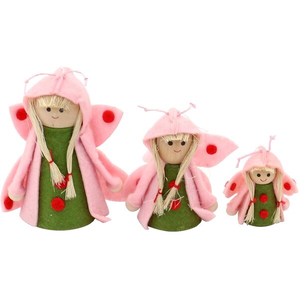 Set 3 bambole in feltro con ali di farfalla rosa, da appendere o posare, 5-10 cm