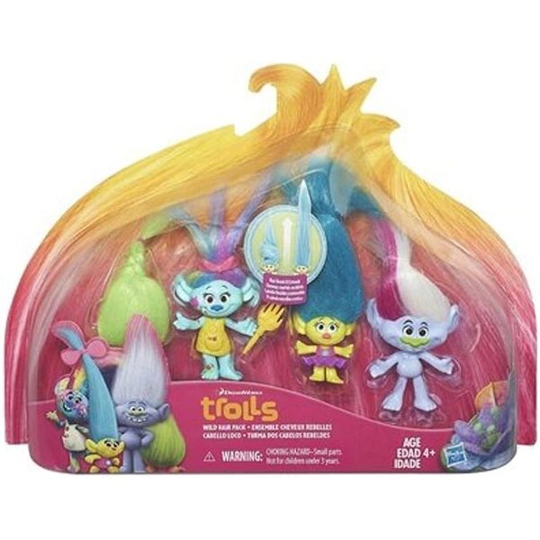 Pack Multipack Trolls DREAMWORKS: 4 Charaktere mit verrückten Haaren und trendiger Kleidung