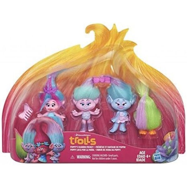 Pack Multipack Trolls DREAMWORKS: 4 Charaktere mit verrückten Haaren und trendiger Kleidung