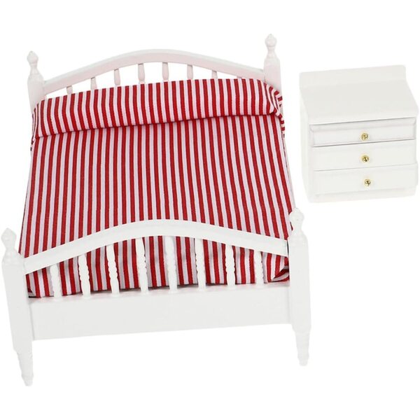 Mini-Puppenhaus-Möbelset aus Holz: Realistisches Doppelbett und Nachttisch