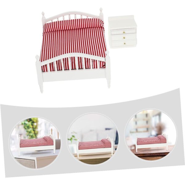Mini-Puppenhaus-Möbelset aus Holz: Realistisches Doppelbett und Nachttisch