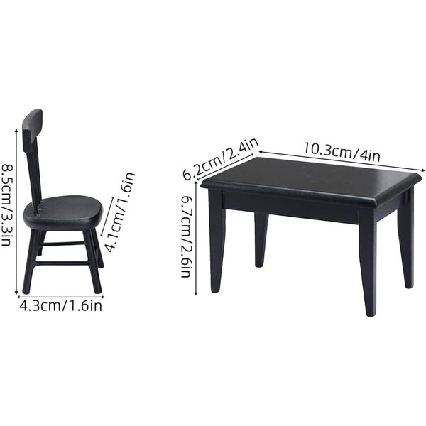 GARVALON Set Tavolo e 4 Sedie Nere in Legno per Casa delle Bambole e Giardino in Miniatura