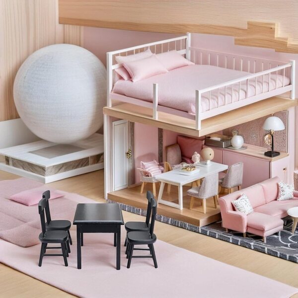 GARVALON Set Tavolo e 4 Sedie Nere in Legno per Casa delle Bambole e Giardino in Miniatura