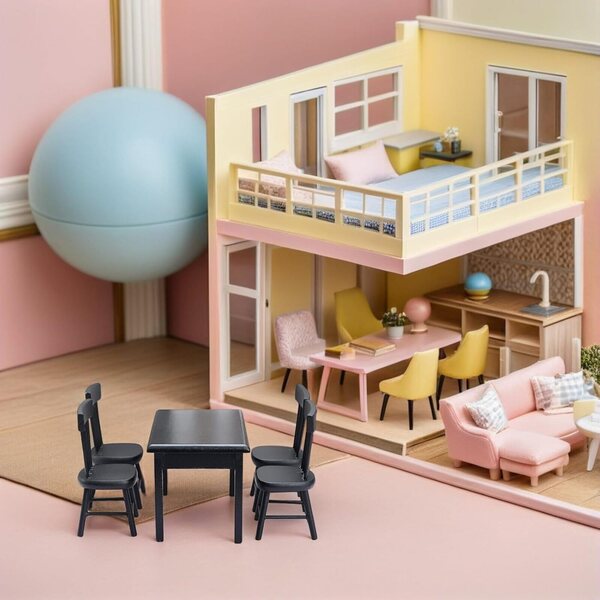 GARVALON Set Tavolo e 4 Sedie Nere in Legno per Casa delle Bambole e Giardino in Miniatura