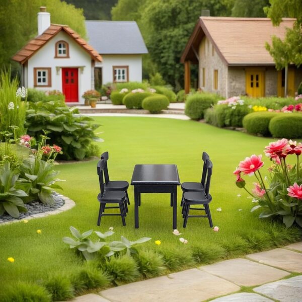 GARVALON Set Tavolo e 4 Sedie Nere in Legno per Casa delle Bambole e Giardino in Miniatura