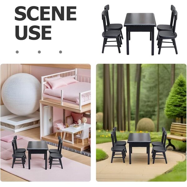 GARVALON Set Tavolo e 4 Sedie Nere in Legno per Casa delle Bambole e Giardino in Miniatura