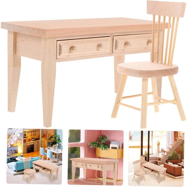 Set Mini Mobili Alasum Casa delle Bambole Tavolo e Sedia in Legno Realistici Beige