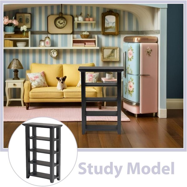 Scaffale Espositivo Miniatura Nero 4 Livelli per Casa delle Bambole in Legno