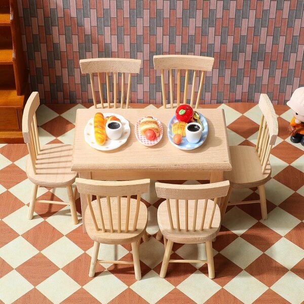 GARVALON Set Tavolo e 6 Sedie in Miniatura per Casa delle Bambole 1:12
