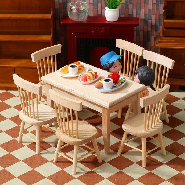 GARVALON Set Tavolo e 6 Sedie in Miniatura per Casa delle Bambole 1:12