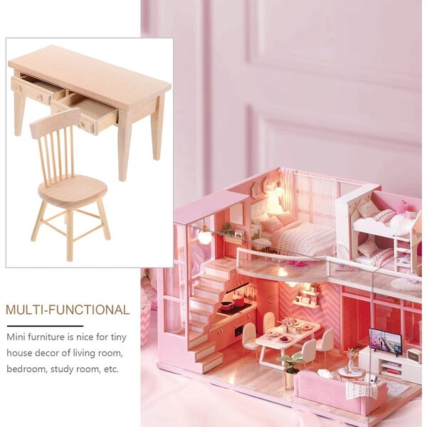Set Mini Scrivania e Sedia in Legno per Casa delle Bambole - Mobili Miniatura Decorativi