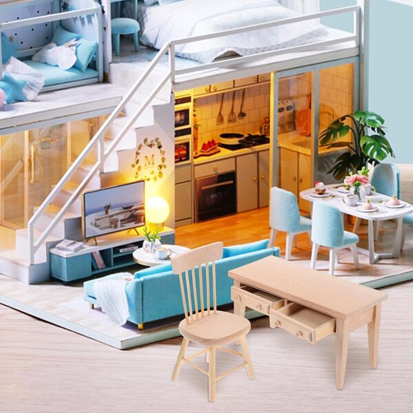 Set Mini Scrivania e Sedia in Legno per Casa delle Bambole - Mobili Miniatura Decorativi