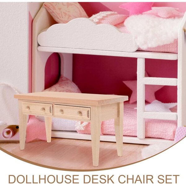 Set Mini Scrivania e Sedia in Legno per Casa delle Bambole - Mobili Miniatura Decorativi