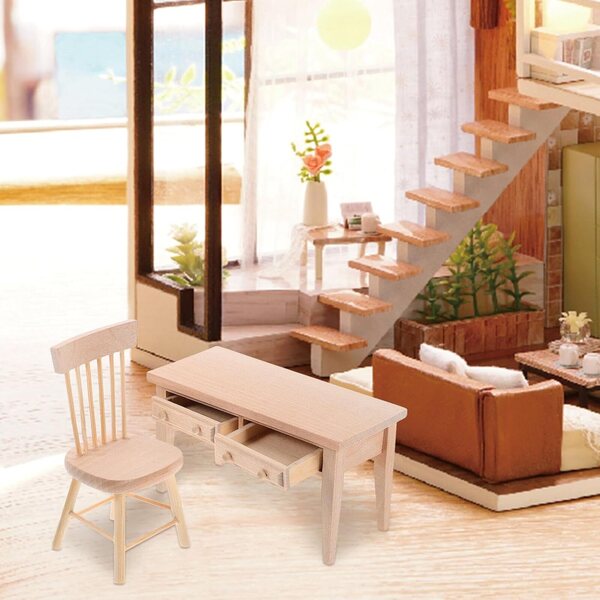 Set Mini Scrivania e Sedia in Legno per Casa delle Bambole - Mobili Miniatura Decorativi