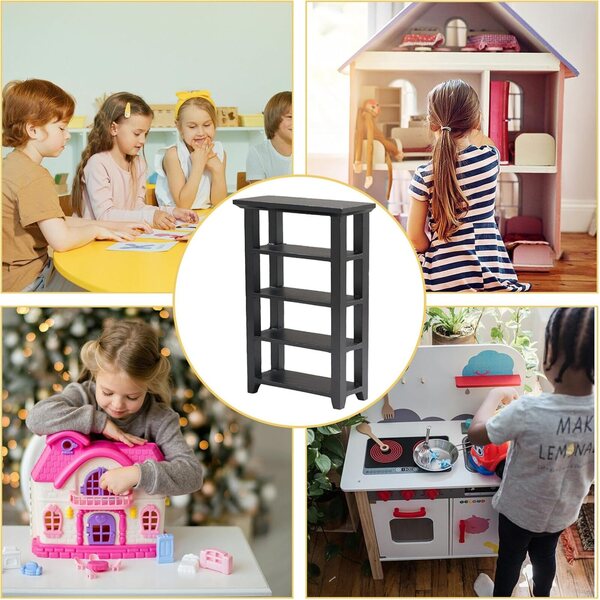 Scaffale Portafiori in Miniatura Nero 4 Livelli per Casa delle Bambole in Legno