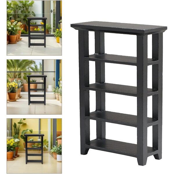 Scaffale Portafiori in Miniatura Nero 4 Livelli per Casa delle Bambole in Legno