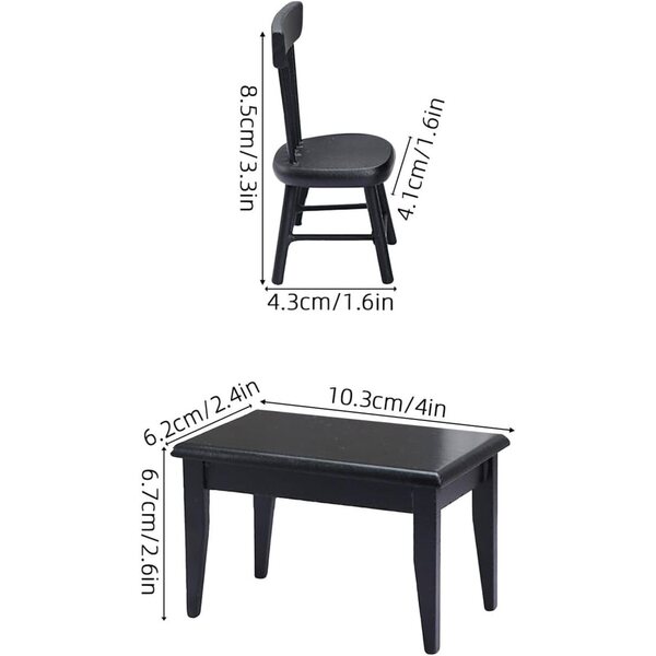 Set tavolo e 4 sedie nere in legno per casa delle bambole, mobili da giardino in miniatura
