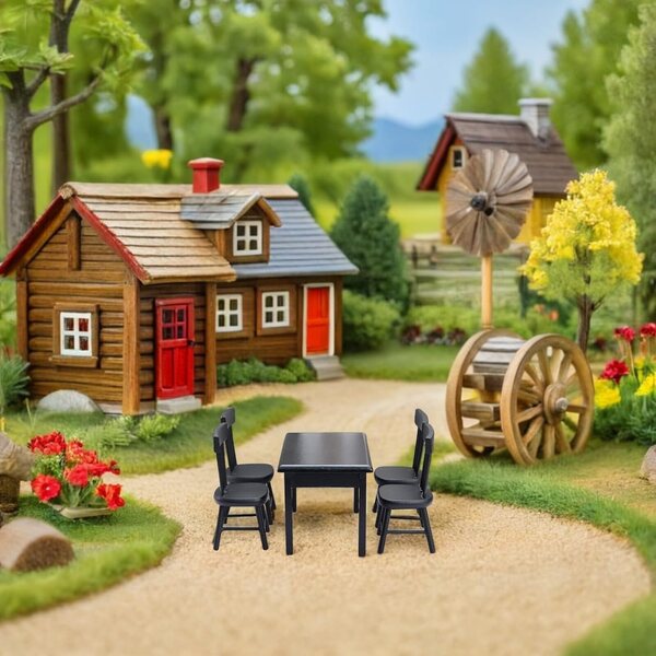 Set tavolo e 4 sedie nere in legno per casa delle bambole, mobili da giardino in miniatura