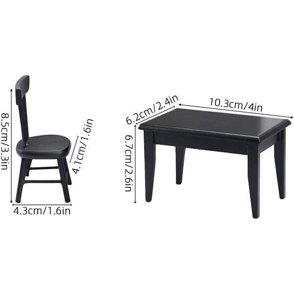 Set tavolo e 4 sedie nere in legno per casa delle bambole, mobili da giardino in miniatura