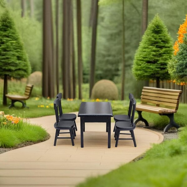 Set tavolo e 4 sedie nere in legno per casa delle bambole, mobili da giardino in miniatura