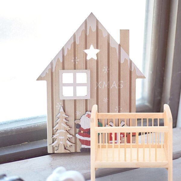 Culla in legno miniatura per casa delle bambole - decorazione e giocattolo 11x10x7 cm