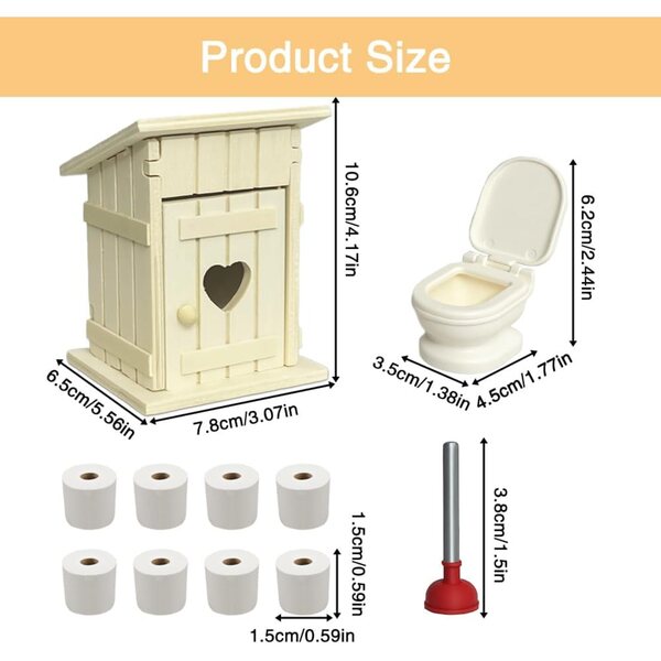 Golgner Casetta WC in Miniatura 13 pezzi in Legno con 10 Rotoli di Carta Igienica