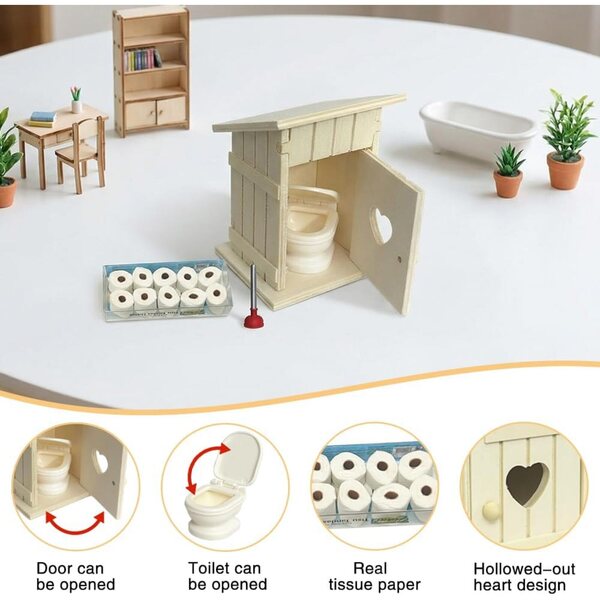 Golgner Casetta WC in Miniatura 13 pezzi in Legno con 10 Rotoli di Carta Igienica