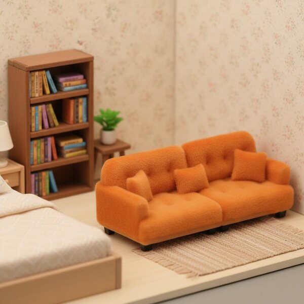 Braunes Miniatursofa für Puppenhaus, beflockte Möbel im Maßstab 1:30