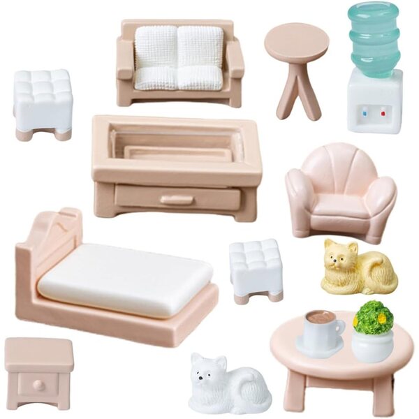 Set 14-teiliges Mini-Puppenhausmöbel aus Kunstharz für Wohnzimmer, Schlafzimmer und Küche