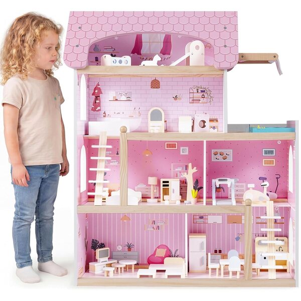4-stöckiges Puppenhaus aus Holz mit 33 Möbeln, Lernspiel für Kinder