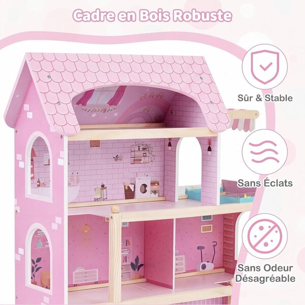 4-stöckiges Puppenhaus aus Holz mit 33 Möbeln, Lernspiel für Kinder