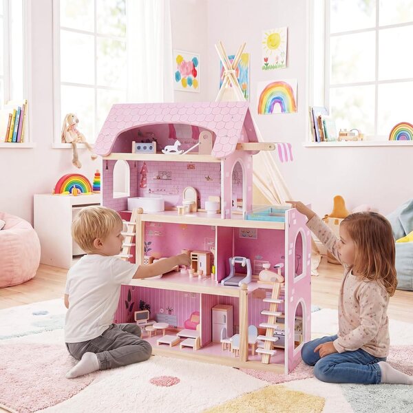 4-stöckiges Puppenhaus aus Holz mit 33 Möbeln, Lernspiel für Kinder
