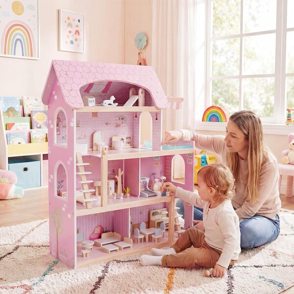 4-stöckiges Puppenhaus aus Holz mit 33 Möbeln, Lernspiel für Kinder