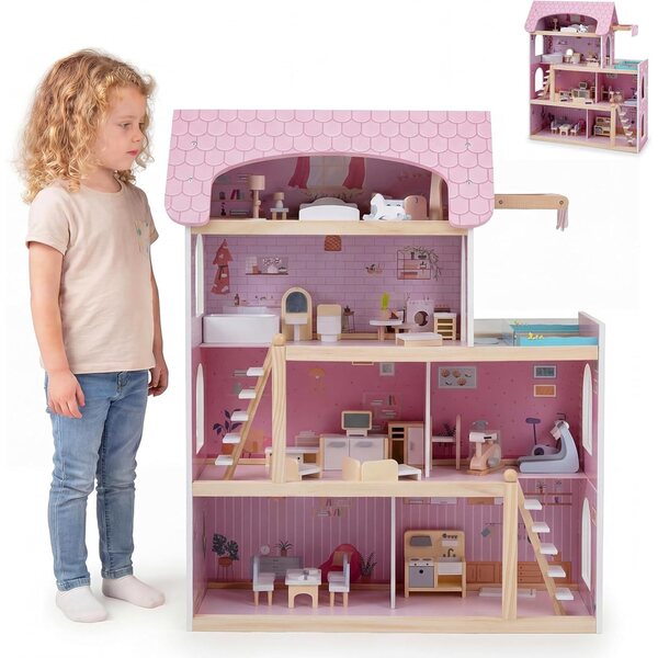 Casa delle Bambole HOMASIS in Legno con Accessori Completi, 3 Piani, Rosa