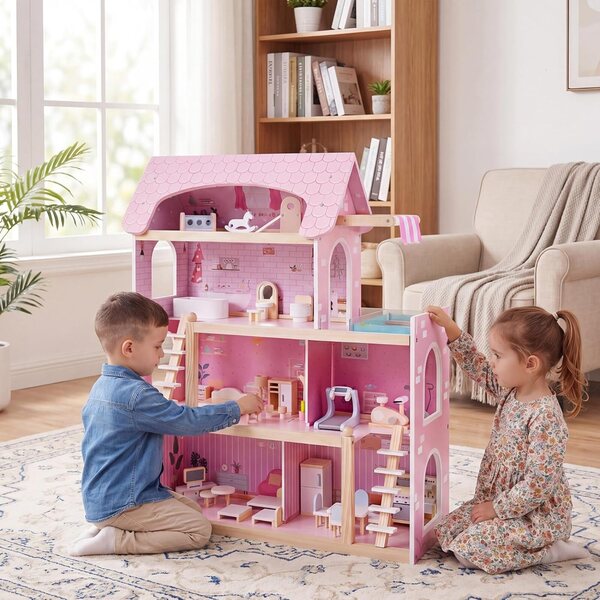 Casa delle Bambole HOMASIS in Legno con Accessori Completi, 3 Piani, Rosa