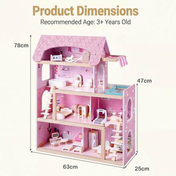 Casa delle Bambole HOMASIS in Legno con Accessori Completi, 3 Piani, Rosa