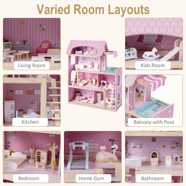 Casa delle Bambole HOMASIS in Legno con Accessori Completi, 3 Piani, Rosa