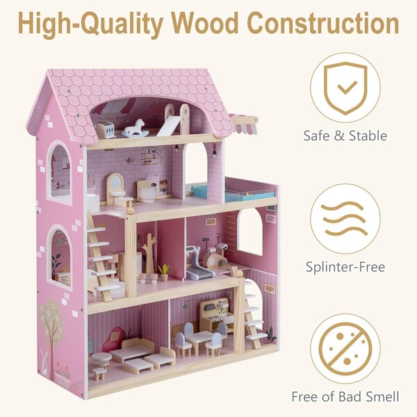 Casa delle Bambole HOMASIS in Legno con Accessori Completi, 3 Piani, Rosa