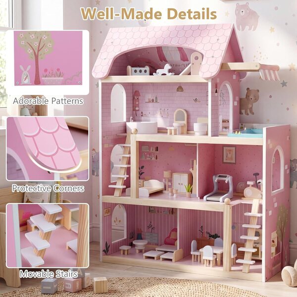 Casa delle Bambole HOMASIS in Legno con Accessori Completi, 3 Piani, Rosa