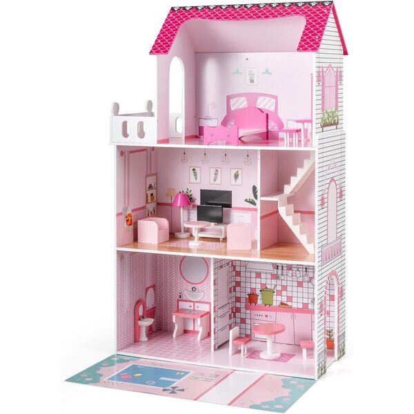 FANTASK Casa delle Bambole in Legno 120,5 cm con 3 Piani e 17 Mobili per Bambini