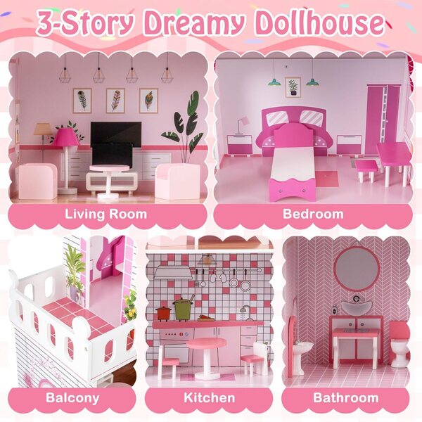 FANTASK Casa delle Bambole in Legno 120,5 cm con 3 Piani e 17 Mobili per Bambini