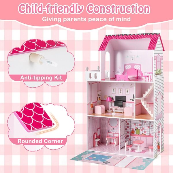 FANTASK Casa delle Bambole in Legno 120,5 cm con 3 Piani e 17 Mobili per Bambini