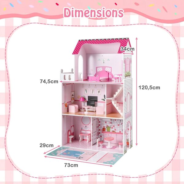 FANTASK Casa delle Bambole in Legno 120,5 cm con 3 Piani e 17 Mobili per Bambini