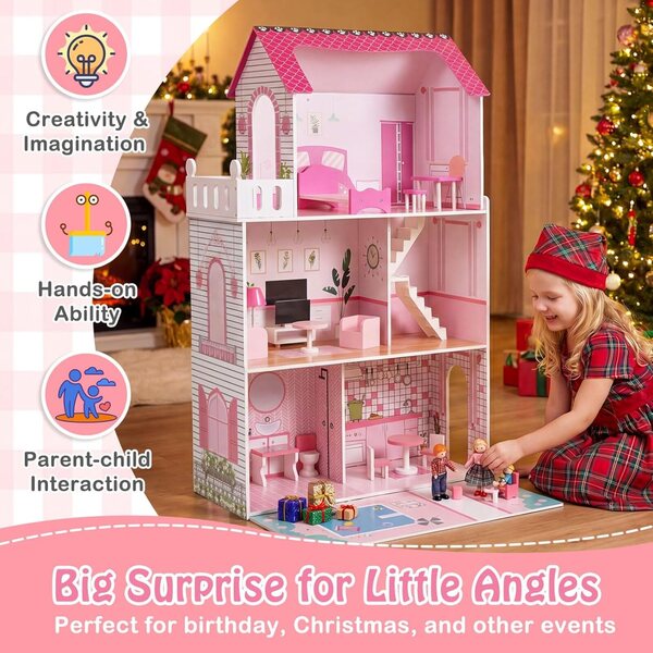 FANTASK Casa delle Bambole in Legno 120,5 cm con 3 Piani e 17 Mobili per Bambini