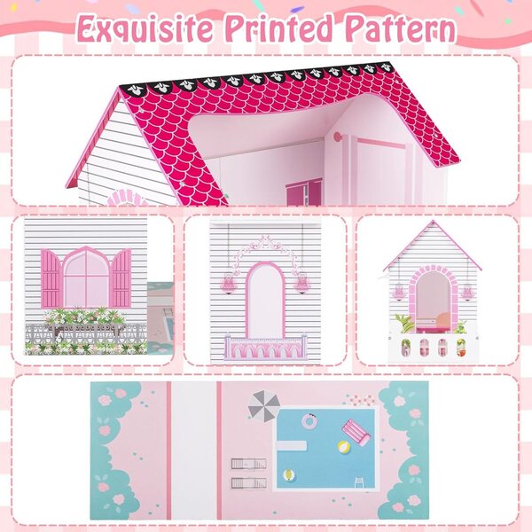 FANTASK Casa delle Bambole in Legno 120,5 cm con 3 Piani e 17 Mobili per Bambini